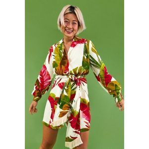 Farm Rio White Spring Forest Print Linen Blend Long Sleeve Mini Dress Sz XL NWT